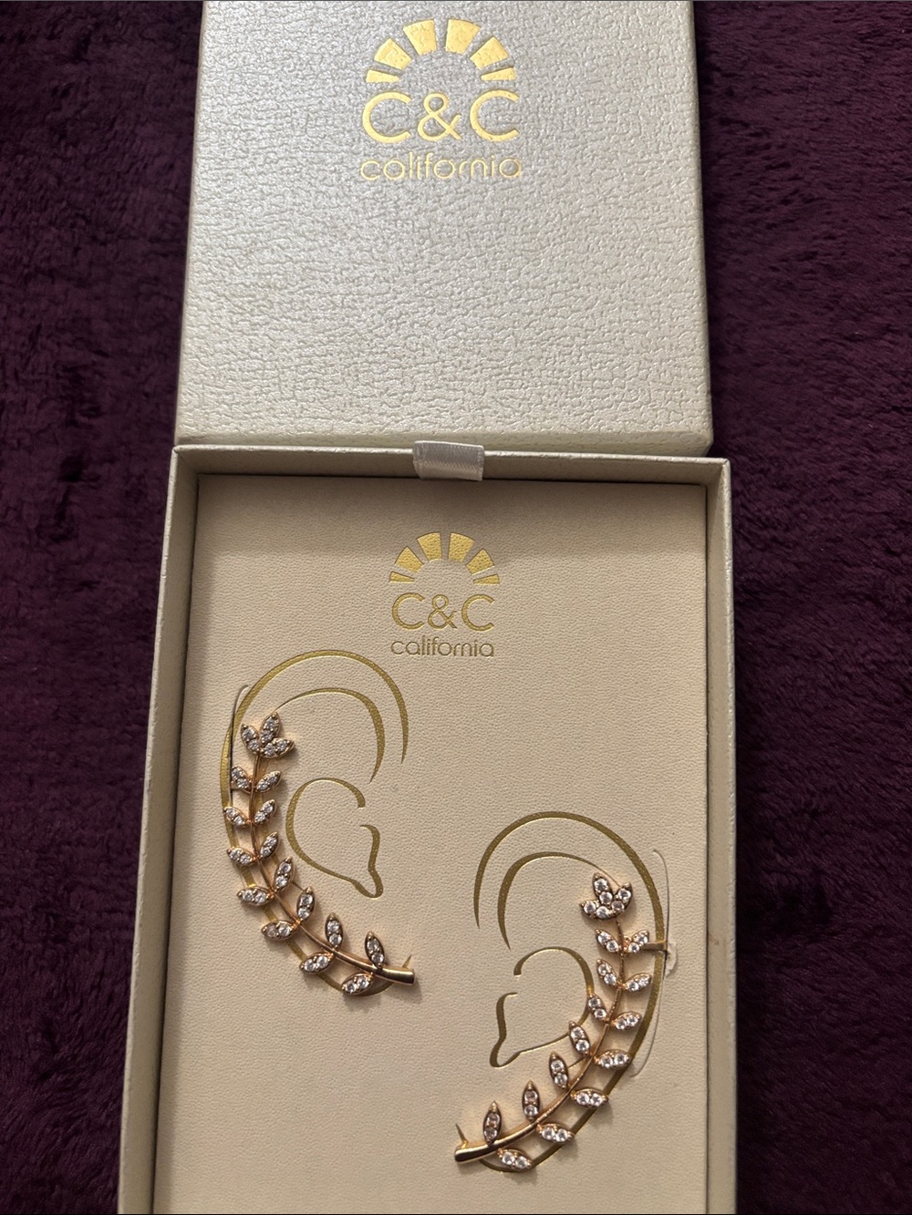 C&C California Rose Gold Leaf Ear Climbers with Clear Stones